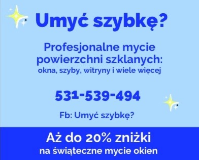 Grafika reklamowa z niebieskim tłem oferująca profesjonalne mycie powierzchni szklanych, w tym okien i witryn, z numerem telefonu i informacją o zniżce na świąteczne mycie okien.