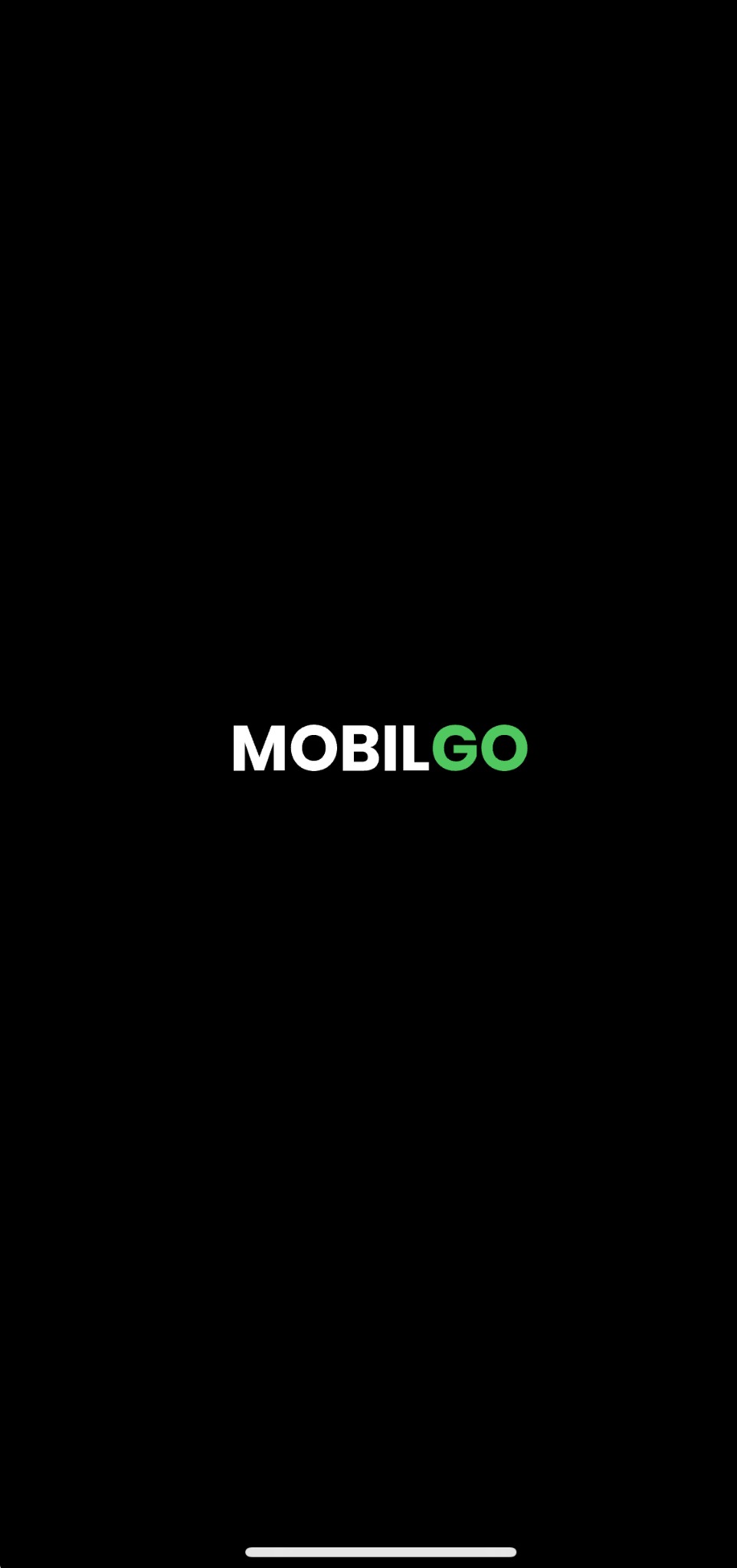 Ekran smartfona z wyświetlonym logo MobilGo, firmy oferującej zamawianie taksówek w modelu współdzielonym. Logo jest białe z zielonym elementem, na czarnym tle.