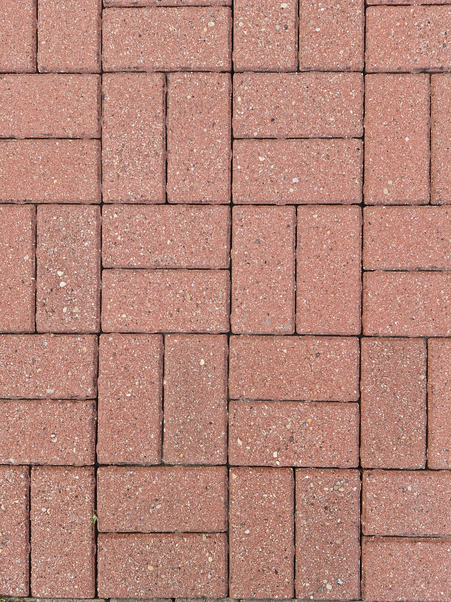 Czerwona kostka brukowa ułożona w regularny wzór, widoczne drobne kamyczki w strukturze kostki i minimalne ślady piasku w spoinach, pojedyncze źdźbło trawy wyrastające między kostkami.