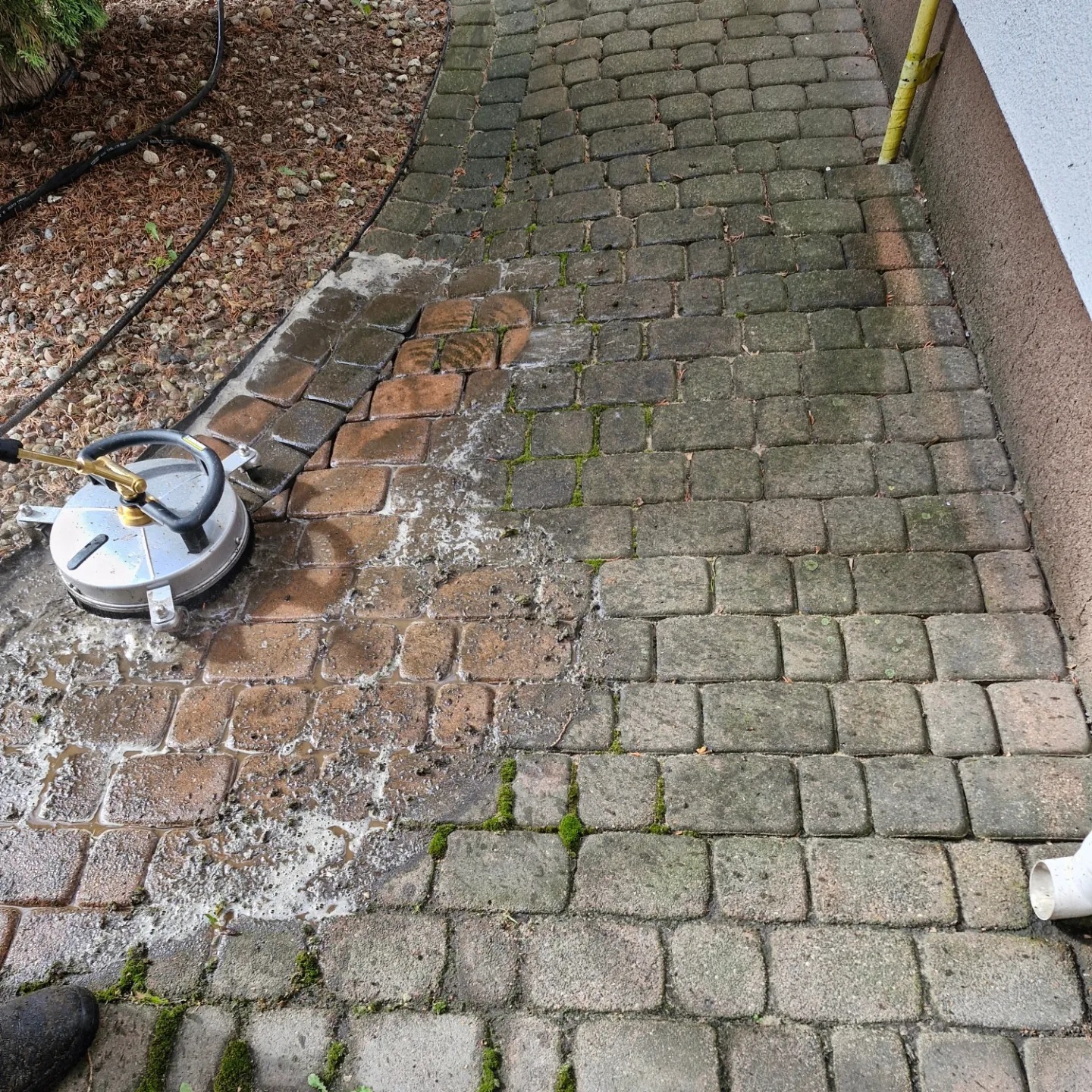 Częściowo wyczyszczona kostka brukowa, widoczna różnica w kolorze między czystą a brudną powierzchnią, czyszczenie wykonywane za pomocą myjki ciśnieniowej z okrągłą dyszą. Miejscami widoczne ślady...