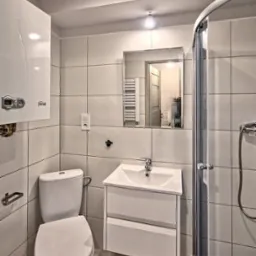 Jasna łazienka z białymi kwadratowymi płytkami, kabiną prysznicową z zaokrąglonymi drzwiami, wiszącą szafką z umywalką, toaletą i piecem gazowym na ścianie.