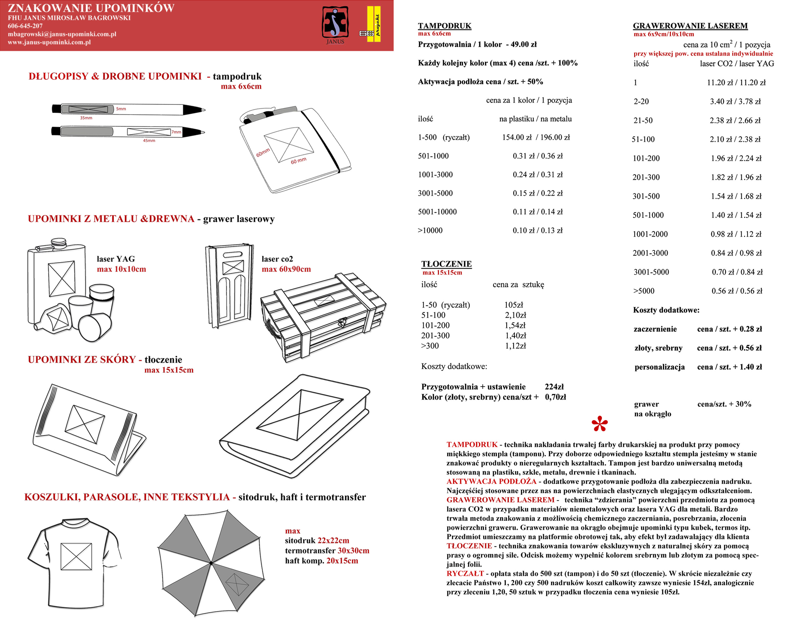 Schematyczne rysunki prezentujące różne metody znakowania upominków, w tym tampodruk, grawerowanie laserem i tłoczenie, wraz z informacjami o cenach i maksymalnych wymiarach nadruku.