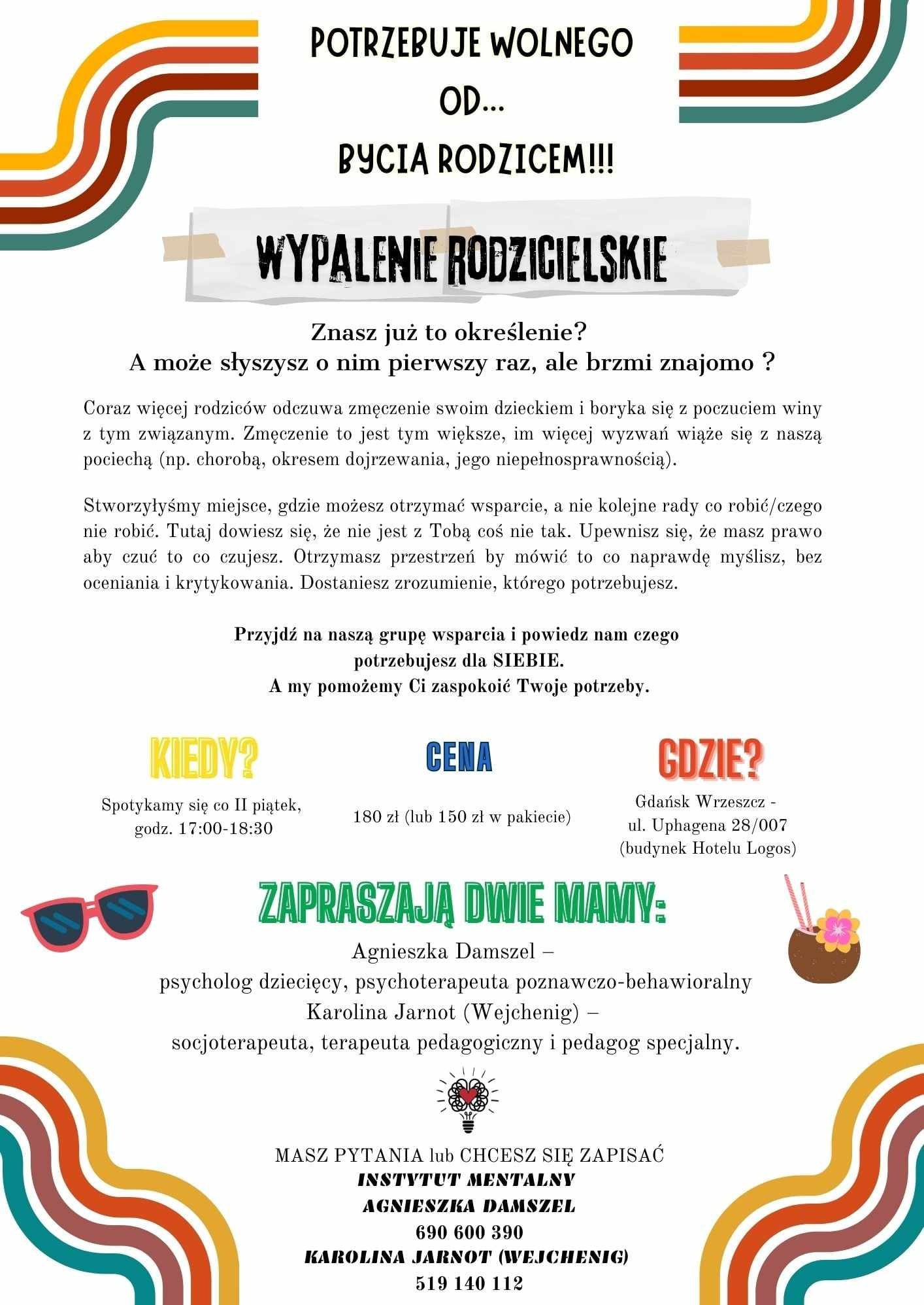 Plakat informujący o grupie wsparcia dla rodziców doświadczających wypalenia, z informacjami o terminach, cenach i lokalizacji spotkań w Gdańsku, zapraszają Agnieszka Damszel i Karolina Jarnot.