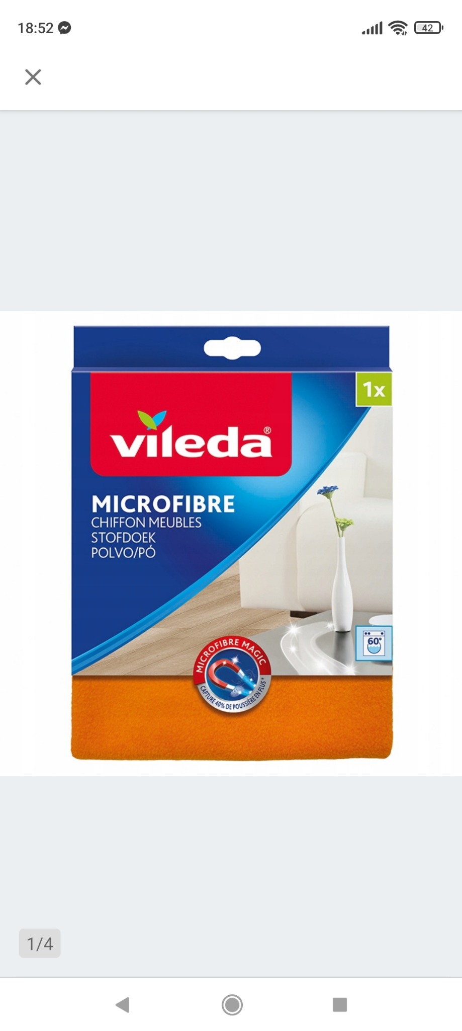 Opakowanie ściereczki z mikrofibry Vileda do mebli, z widocznym logo i informacją o właściwościach czyszczących.