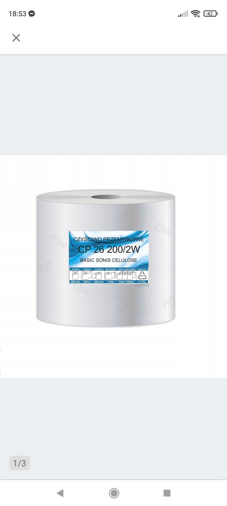 Rolka czyściwa przemysłowego CP 26 200/2W Basic Sonis Celulose z widocznymi specyfikacjami technicznymi na etykiecie.