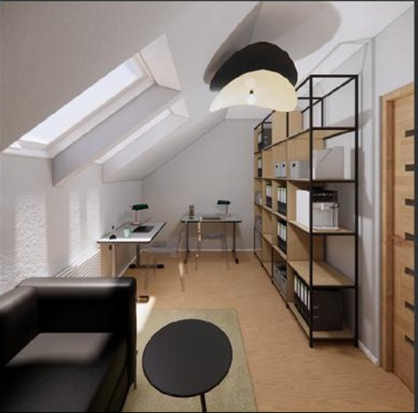 Jasne biuro na poddaszu ze skośnym sufitem i oknami dachowymi, wyposażone w czarny skórzany fotel, okrągły stolik kawowy, regał z dokumentami, biurka z lampkami oraz drewniane drzwi.