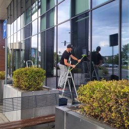 Patriot - Mężczyzna na drabinie myje okna biurowca za pomocą ściągaczki. Widoczne odbicie w szybach, rośliny w donicach i znak parkingu.