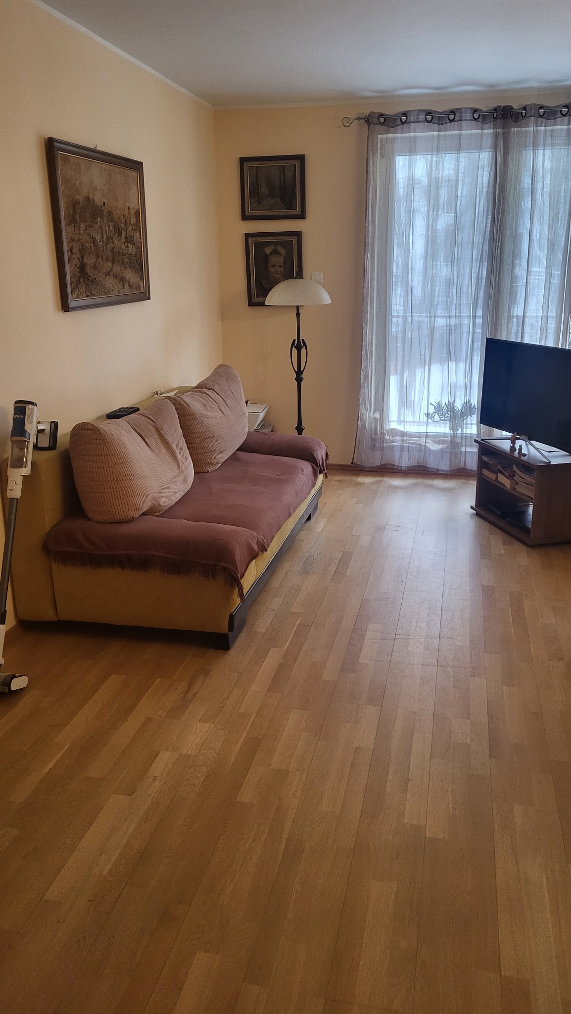 Wnętrze salonu po sprzątaniu: parkiet lśni, odkurzacz pionowy przy sofie, firanki w oknie. Widoczne obrazy na ścianie i telewizor na szafce RTV.