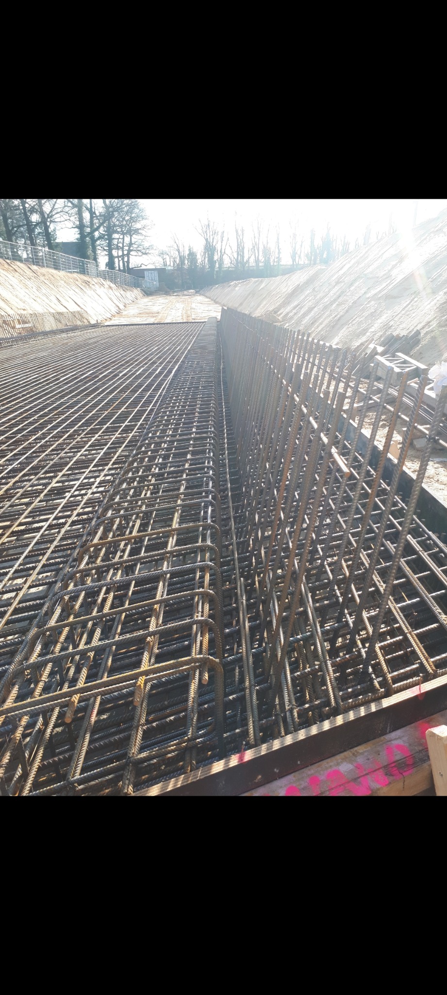 Zbrojenie fundamentów w wykopie, widoczne siatki i pionowe pręty zbrojeniowe, teren budowy z ziemią w tle.