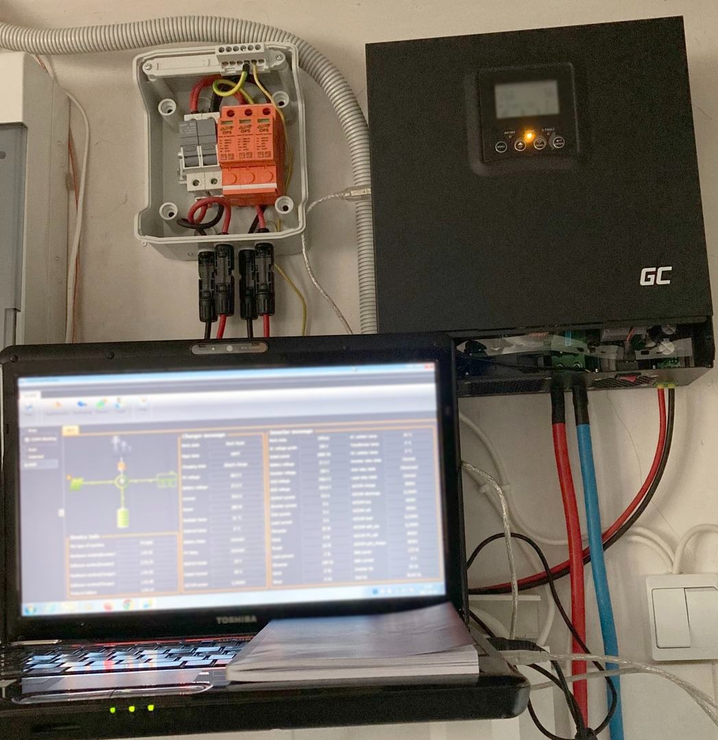 Podłączenie falownika paneli fotowoltaicznych, widoczna skrzynka z zabezpieczeniami, falownik GC, laptop z oprogramowaniem diagnostycznym, przewody w kolorach czerwonym i niebieskim.