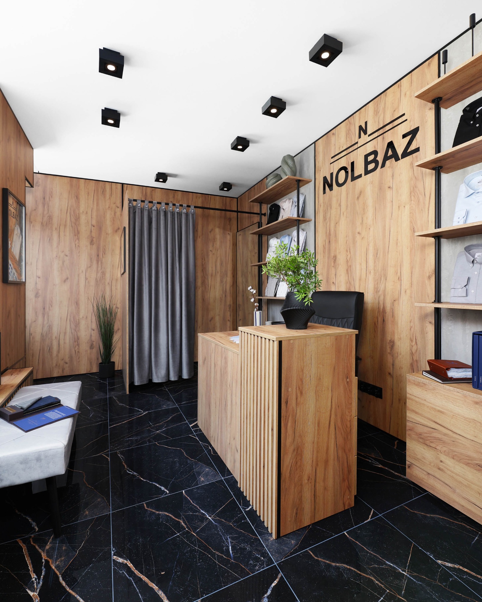 Wnętrze butiku odzieżowego z drewnianymi panelami, czarną marmurową podłogą i elementami wyposażenia, takimi jak regały z koszulami i przymierzalnia z zasłoną.