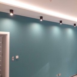 Dariusz Jarmakowski - Ściana pomalowana na turkusowo z rzędem czarnych, punktowych lamp sufitowych, widoczne gniazdka elektryczne i fragment białej ściany oraz drzwi do innego pomieszczenia.