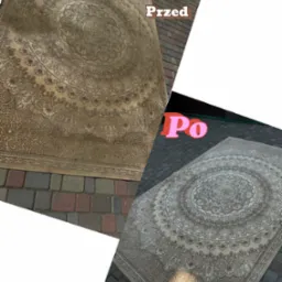 Dywan z okrągłym wzorem, porównanie stanu przed i po czyszczeniu, widoczne różnice w kolorze i usuniętych zabrudzeniach.