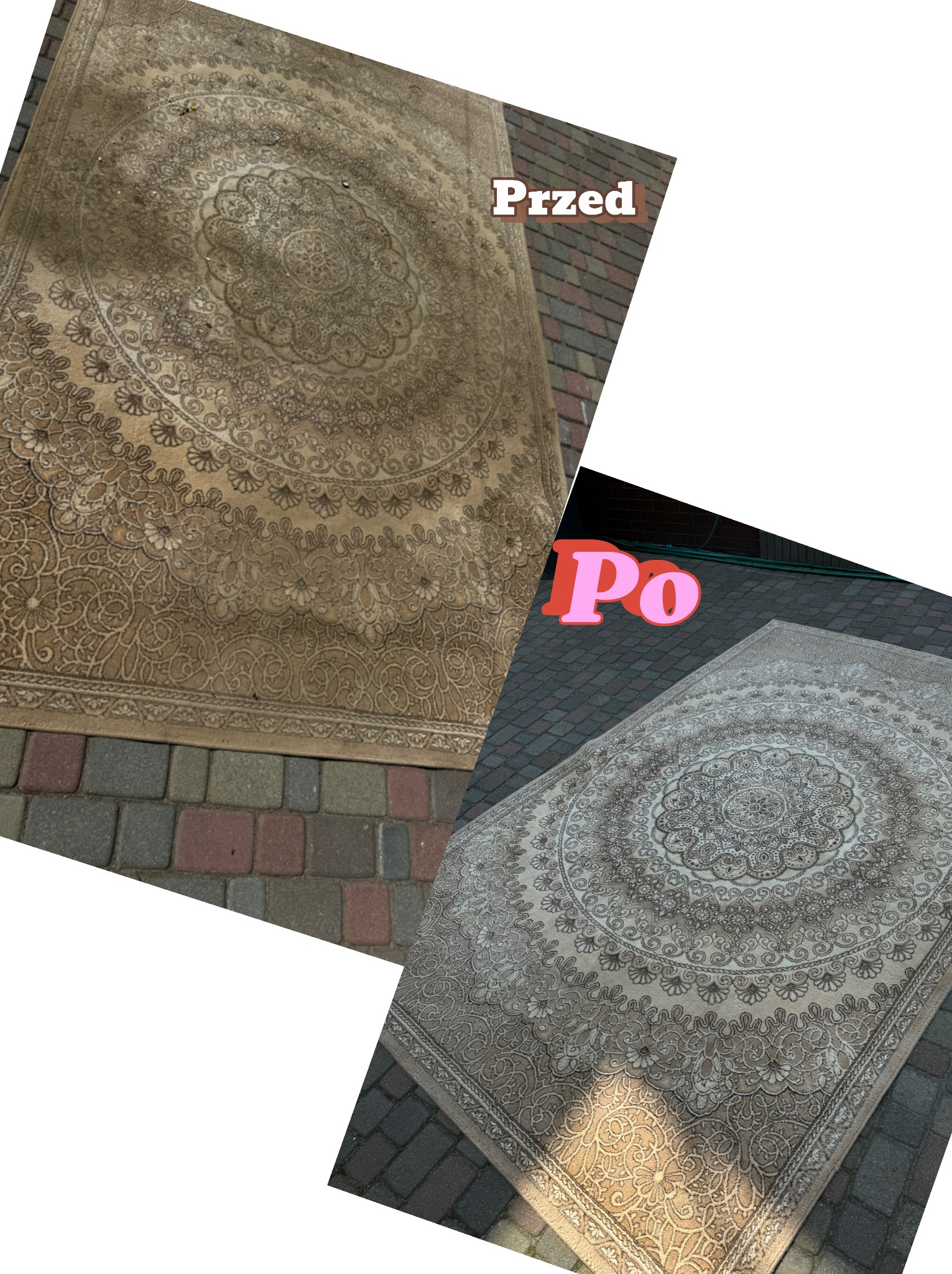 Dywan z okrągłym wzorem, porównanie stanu przed i po czyszczeniu, widoczne różnice w kolorze i usuniętych zabrudzeniach.