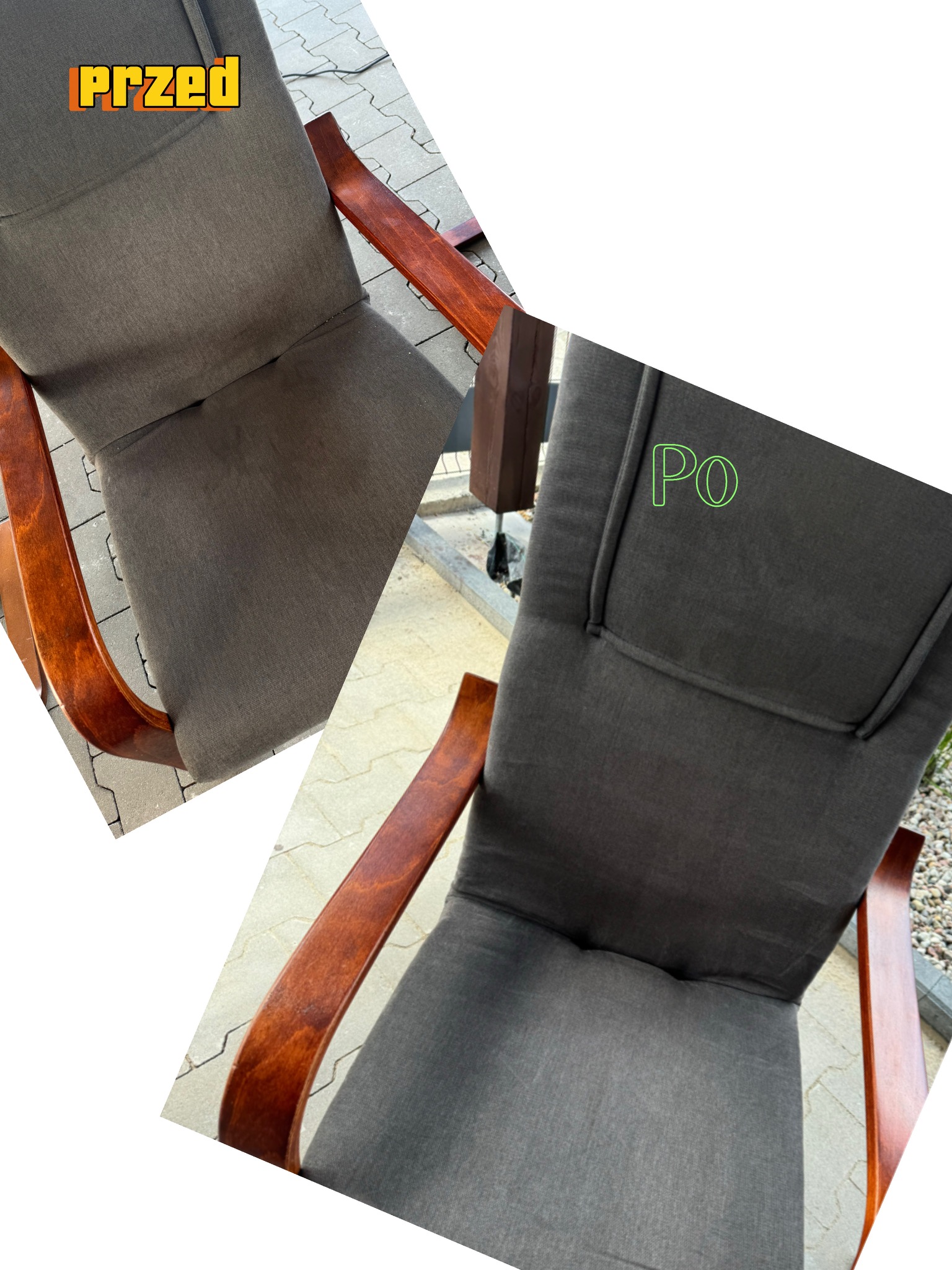 Krzesło z brązowymi drewnianymi podłokietnikami i szarą tapicerką, zestawione w formie 'przed' i 'po' czyszczeniu, z widocznymi różnicami w odcieniu i czystości materiału.