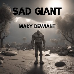 magicvideogames.com Łukasz Grodzki - Okładka albumu muzycznego 'Sad Giant - Mały Dewiant' z muskularnym olbrzymem na tle mglistego krajobrazu. Stonowana kolorystyka, fantastyczny design.