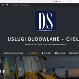 Fragment strony internetowej firmy budowlanej z logo DS Budownictwo, nagłówkiem 'Usługi Budowlane - Chełm' i zdjęciem maszyny budowlanej w tle.