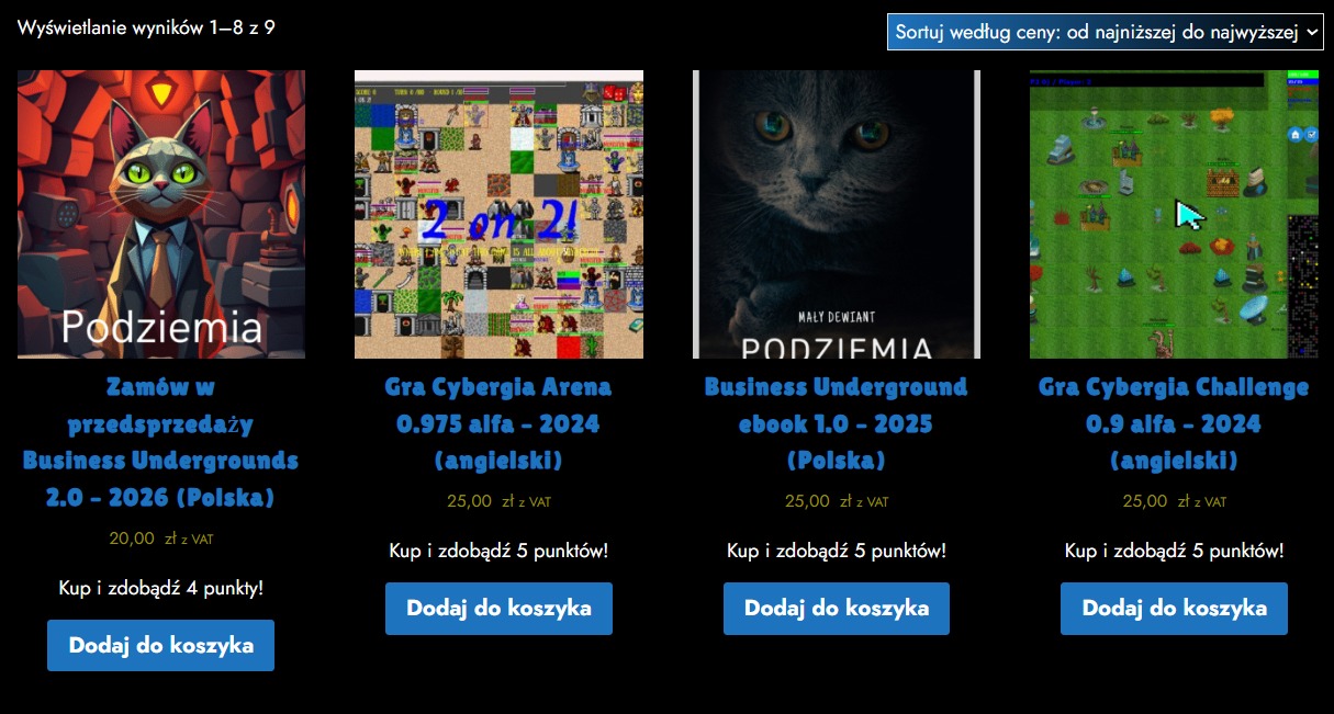 Ekran sklepu internetowego z ofertami gier 'Business Underground' i 'Cybergia'. Widoczne okładki gier, ceny, przyciski 'Dodaj do koszyka' i informacje o punktach lojalnościowych.