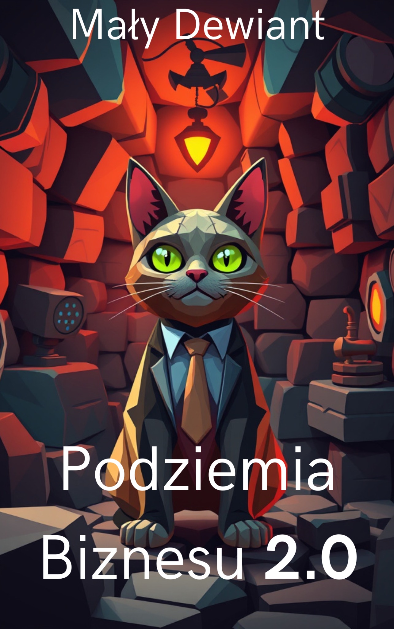 Ilustracja: Kot w garniturze z krawatem, w podziemnym pomieszczeniu z cegieł, z napisem 'Mały Dewiant' i 'Podziemia Biznesu 2.0'.