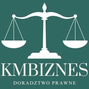 Stylizowane logo firmy prawniczej KMBiznes z wagą sprawiedliwości w kolorze białym na zielonym tle, z napisem 'DORADZTWO PRAWNE' poniżej.