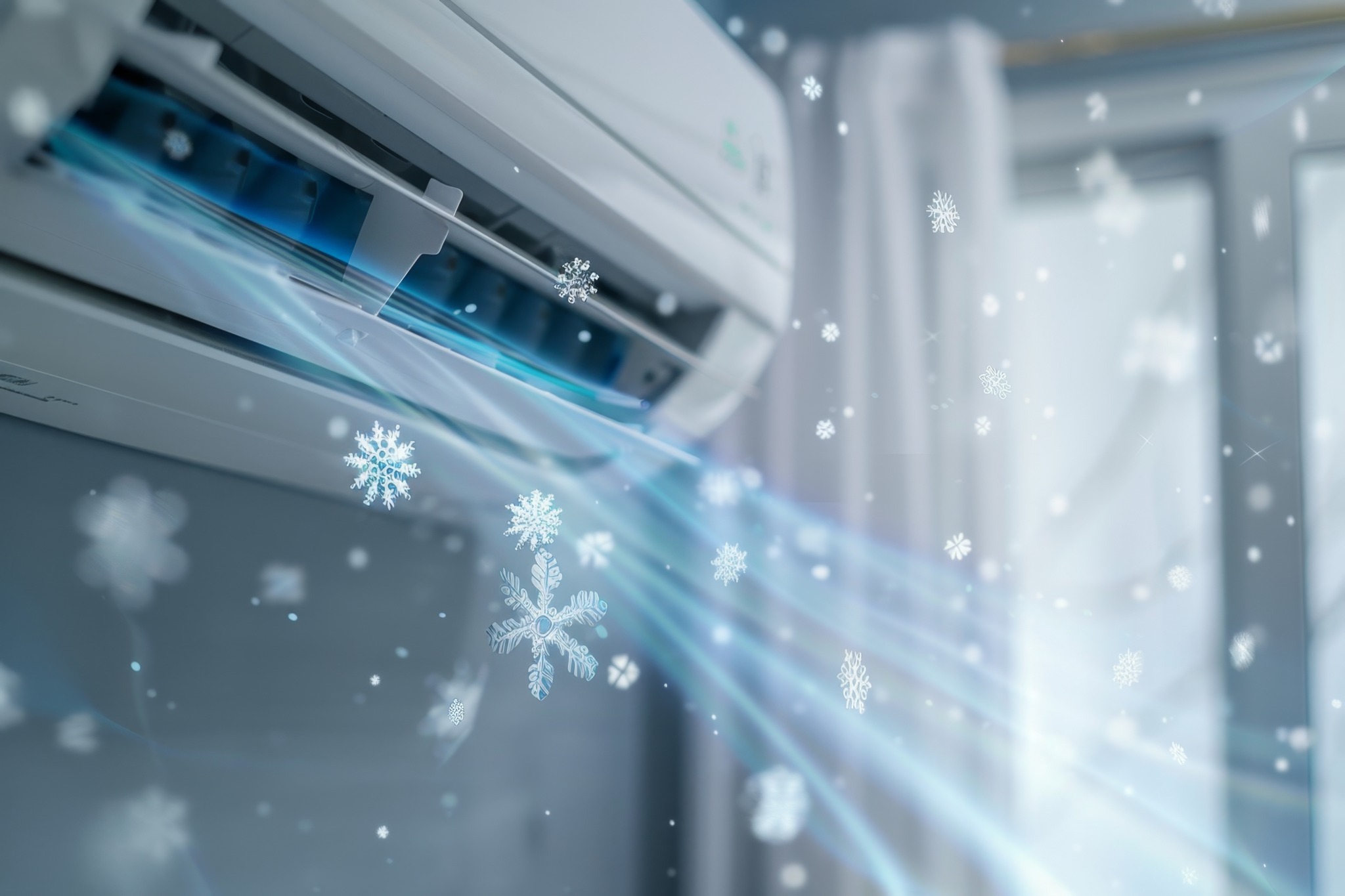 Biały klimatyzator ścienny chłodzący pomieszczenie, z efektem wizualizacji płatków śniegu w strumieniu powietrza. Widok z boku, okno w tle.