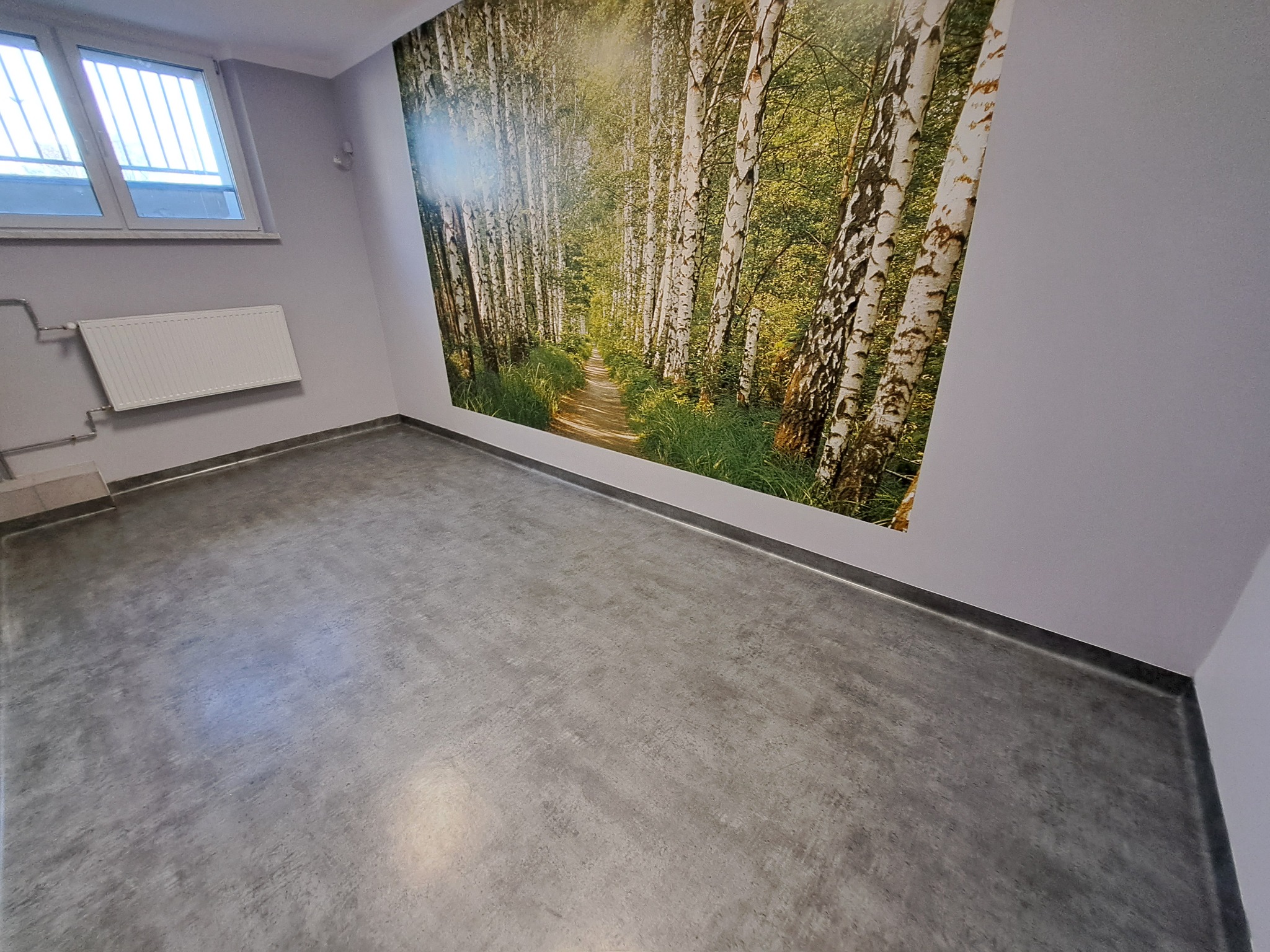 Szara, jednolita podłoga w pomieszczeniu z fototapetą przedstawiającą las brzozowy, widok na okno z kratami i grzejnik na ścianie.