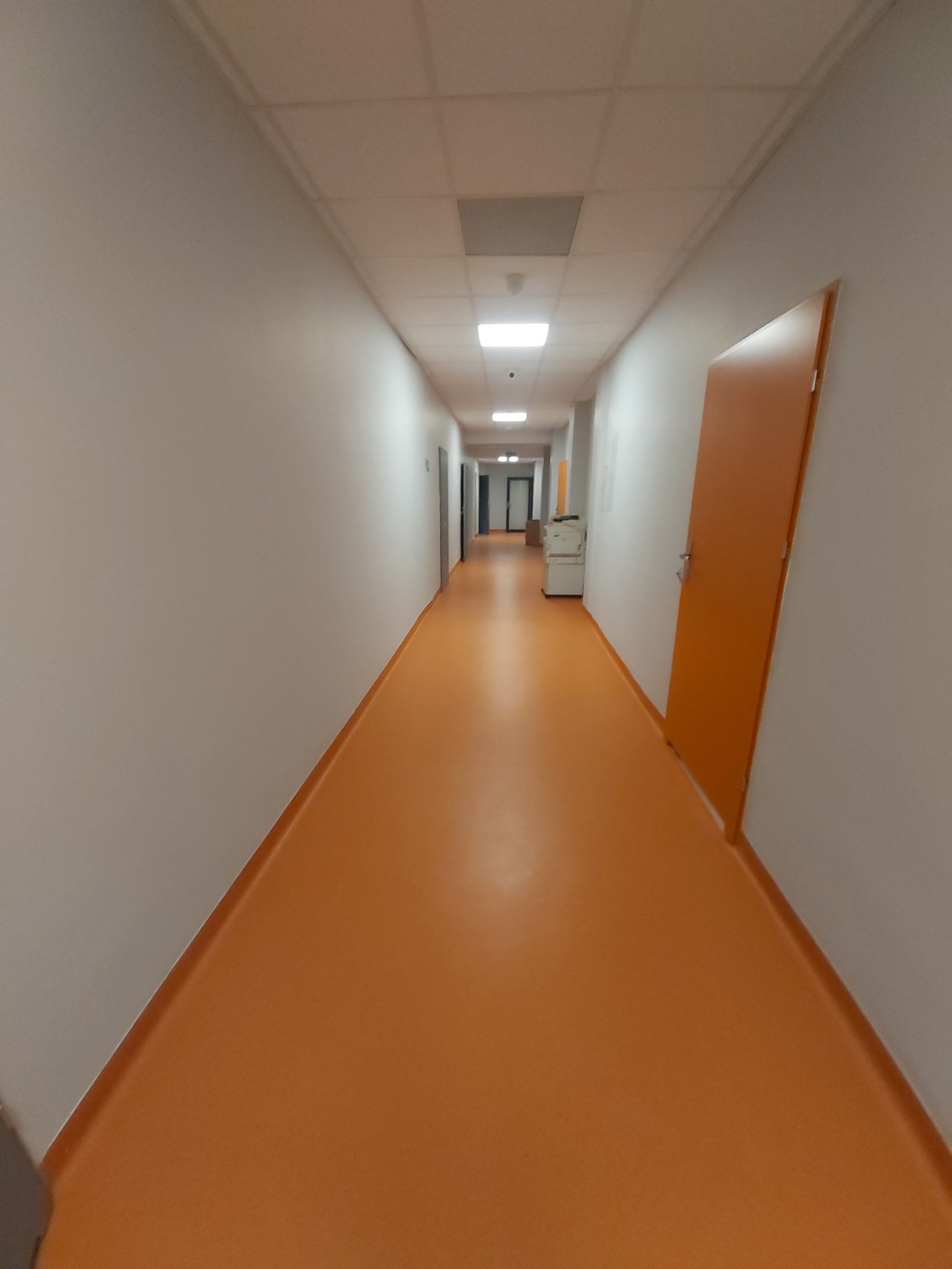 Długi korytarz biurowy z pomarańczową wykładziną podłogową, białymi ścianami i jasnym oświetleniem sufitowym, widoczne drzwi po prawej stronie i urządzenia biurowe w oddali.