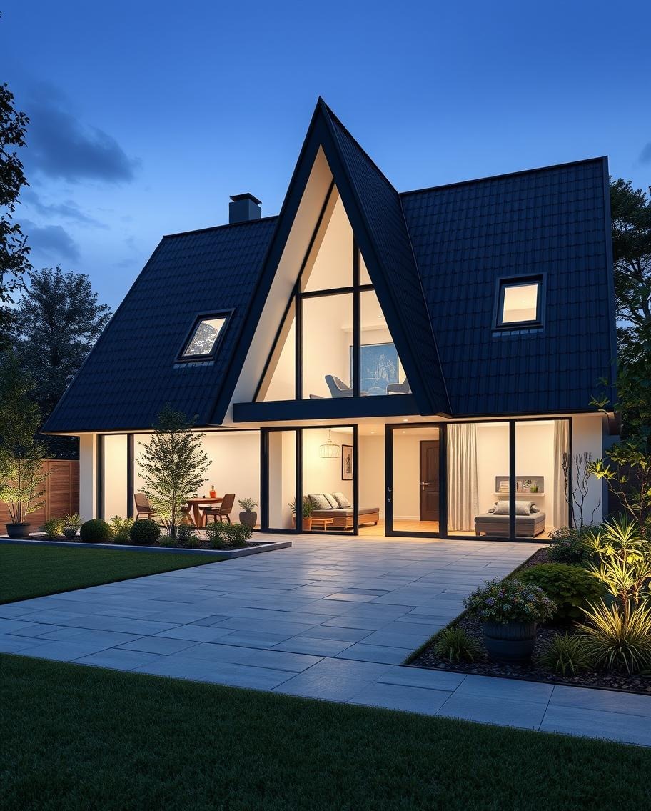 Elegancki, nowoczesny dom z dachem dwuspadowym i dużymi przeszkleniami, oświetlony wieczorną porą, z widocznym tarasem i zadbanym ogrodem.