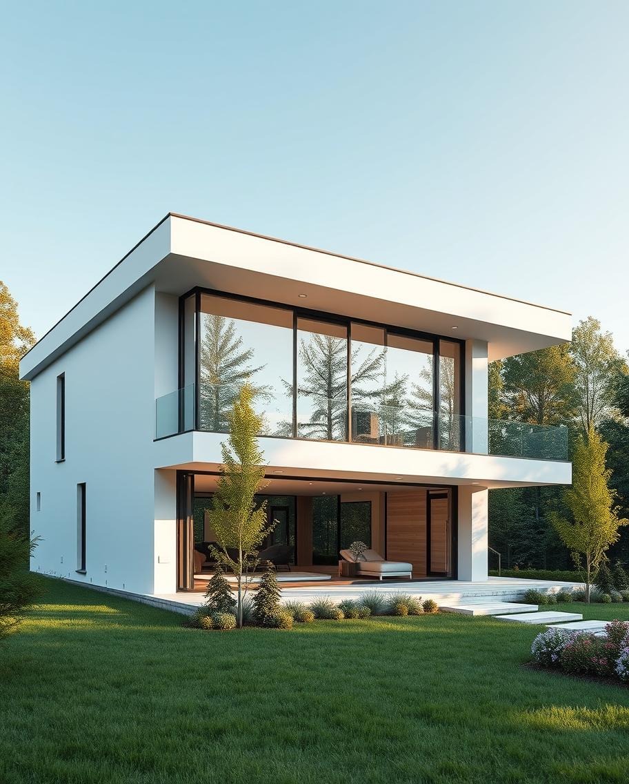 Dwukondygnacyjny, nowoczesny dom z płaskim dachem, dużymi przeszkleniami i tarasem, otoczony zielenią, z widocznymi elementami wyposażenia wnętrza.