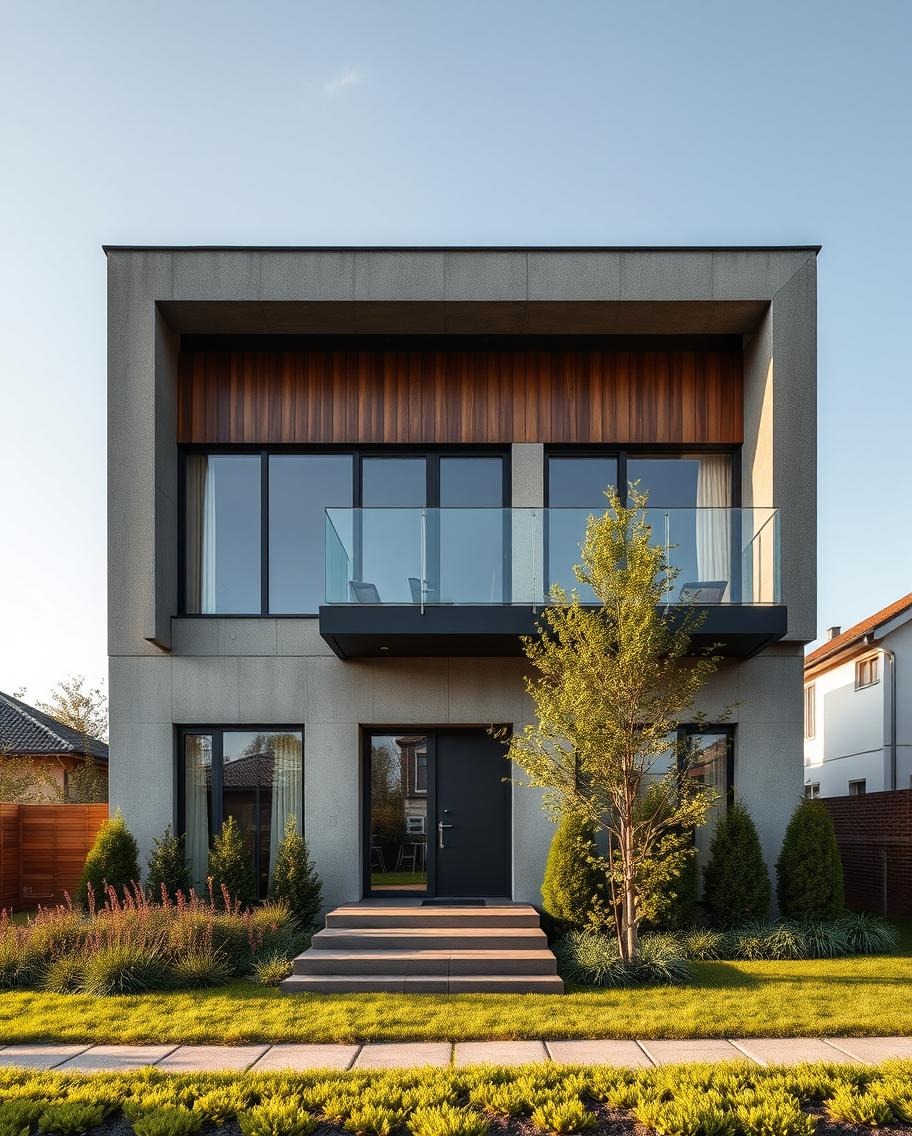 Nowoczesny, dwukondygnacyjny dom z szarego betonu z drewnianą okładziną pod balkonem, szklaną balustradą i starannie utrzymanym trawnikiem z ozdobnymi roślinami.