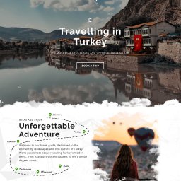 Karina Charnova - Strona internetowa poświęcona podróżom w Turcji, prezentująca krajobraz z rzeką, tradycyjną architekturą i flagą Turcji, z elementami interfejsu użytkownika, takimi jak menu nawigacyjne i przycisk...