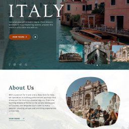 Karina Charnova - Strona internetowa agencji turystycznej specjalizującej się w wycieczkach po Włoszech, z widokiem na kanał w Wenecji i łodzią motorową, przyciskiem 'View Tours' i linkami do mediów społecznościowych.