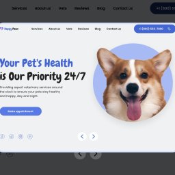 Strona dla weterynaryjnej kliniki, oferująca informacje o usługach, poradniki i zasoby dla właścicieli zwierząt. Pełna wersja dostępna na Behance: https://www.behance.net/gallery/206849285/HAPPY-PAWS-Landing-Page-Design-Vet-Website