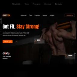 Projekt strony internetowej dla siłowni Primefit Gym, prezentujący widok z ekranu z hasłem 'Get Fit, Stay Strong!' i zdjęciem umięśnionego mężczyzny na ciemnym tle, z elementami interfejsu...