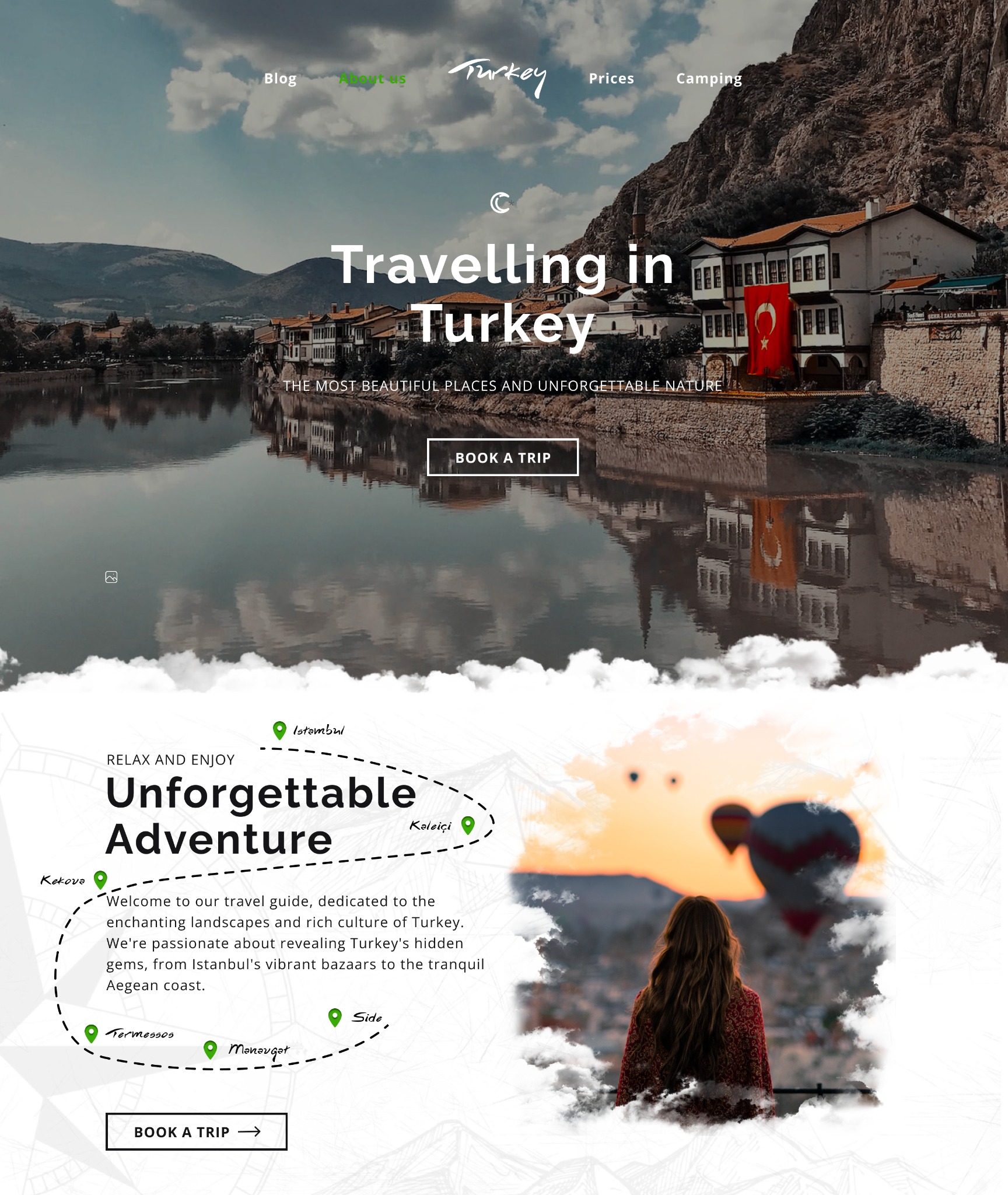 Strona internetowa poświęcona podróżom w Turcji, prezentująca krajobraz z rzeką, tradycyjną architekturą i flagą Turcji, z elementami interfejsu użytkownika, takimi jak menu nawigacyjne i przycisk...