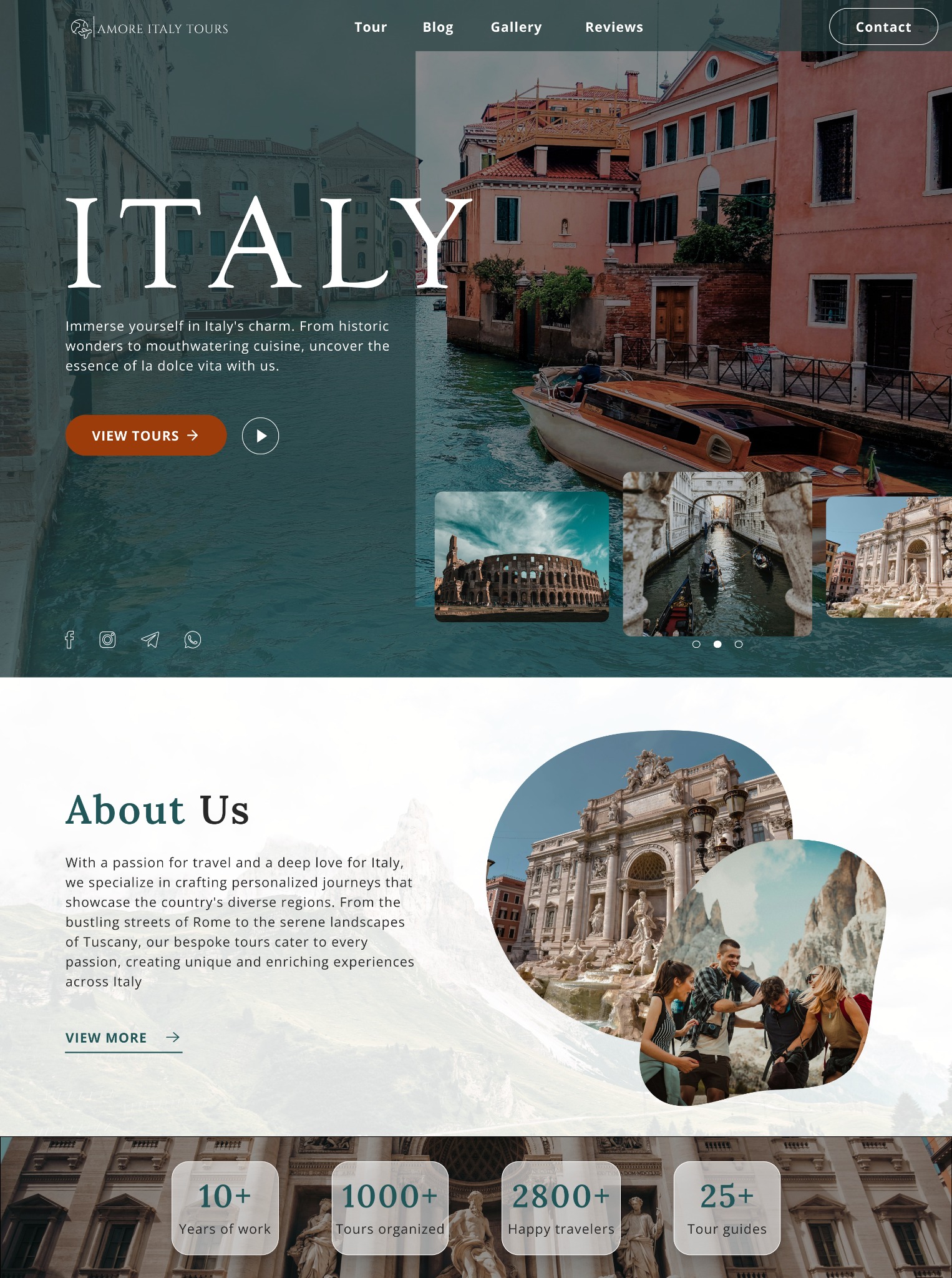 Strona internetowa agencji turystycznej specjalizującej się w wycieczkach po Włoszech, z widokiem na kanał w Wenecji i łodzią motorową, przyciskiem 'View Tours' i linkami do mediów społecznościowych.