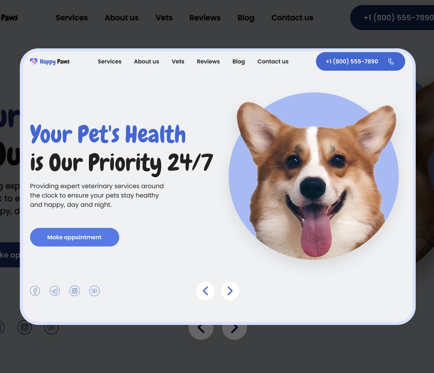 Landing page weterynaryjnej kliniki Happy Paws z wizerunkiem uśmiechniętego psa rasy corgi na fioletowym tle, oferująca usługi weterynaryjne i informacje dla właścicieli zwierząt.