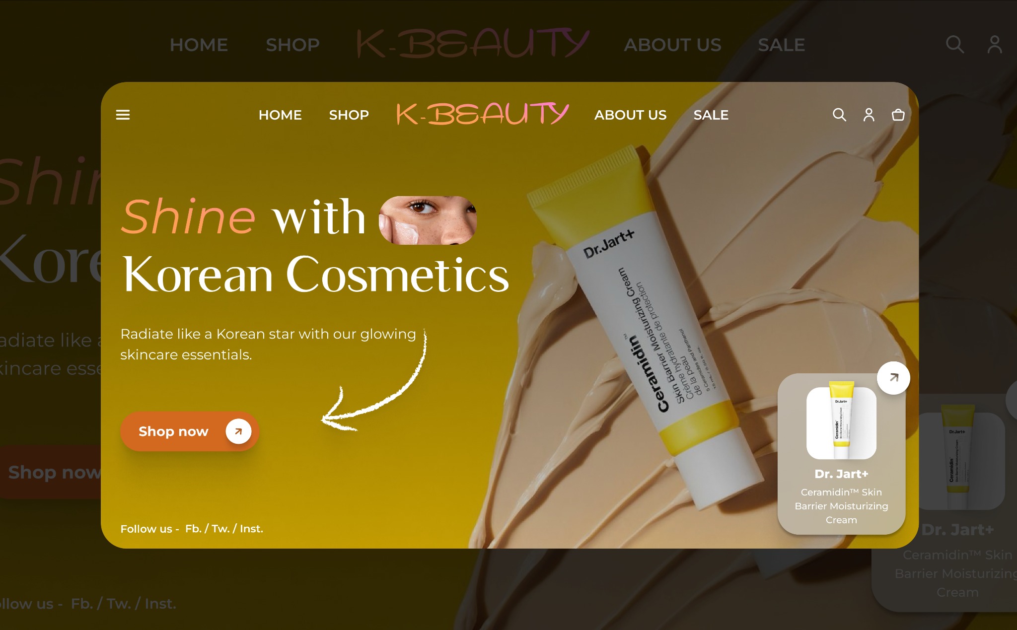 Projekt strony internetowej sklepu z koreańskimi kosmetykami, prezentujący interfejs użytkownika z menu nawigacyjnym, sloganem 'Shine with Korean Cosmetics', zdjęciem modelki z kosmetykiem...