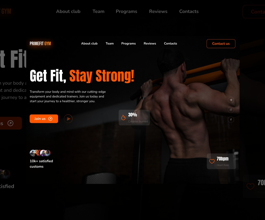 Projekt strony internetowej dla siłowni Primefit Gym, prezentujący widok z ekranu z hasłem 'Get Fit, Stay Strong!' i zdjęciem umięśnionego mężczyzny na ciemnym tle, z elementami interfejsu...