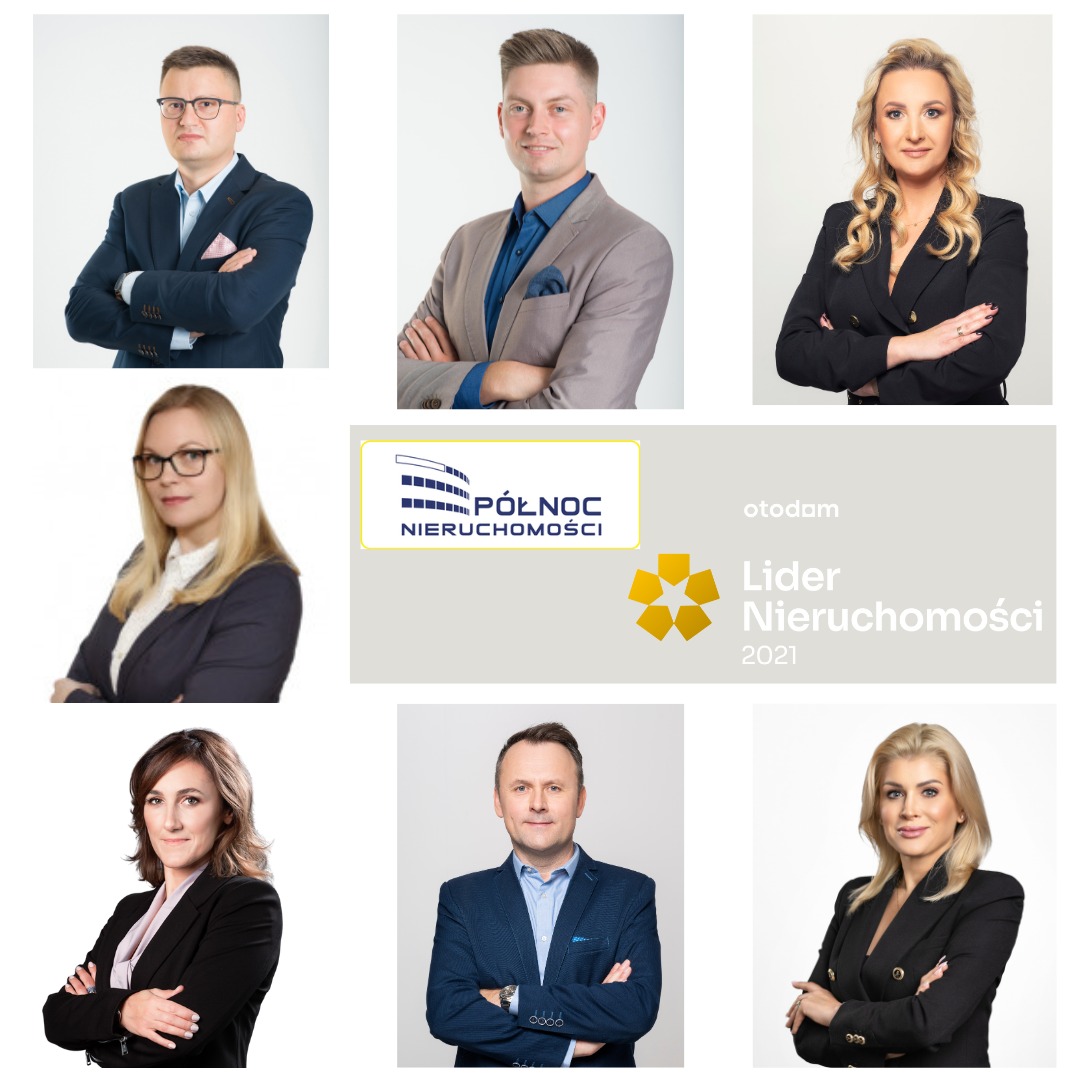 Kolaż portretów sześciu agentów nieruchomości w garniturach i logo firmy Północ Nieruchomości z nagrodą Lider Nieruchomości 2021.