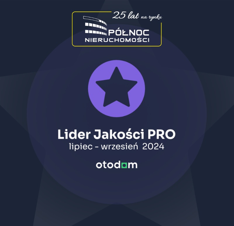 Logo Północ Nieruchomości z napisem '25 lat na rynku' oraz nagrodą 'Lider Jakości PRO lipiec-wrzesień 2024' od otodam.