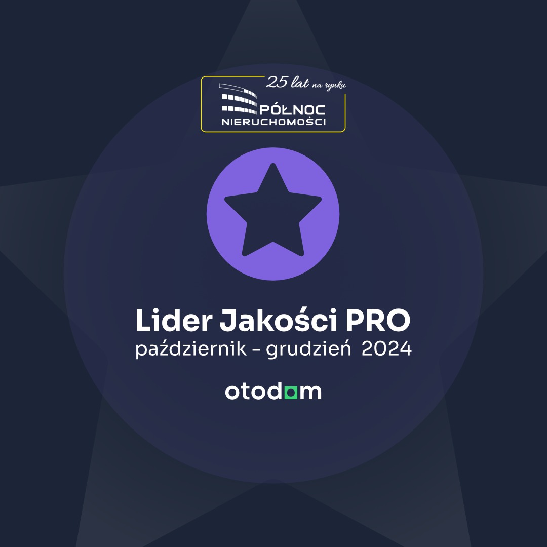 Logo firmy Północ Nieruchomości, nagroda Lider Jakości PRO, październik-grudzień 2024, znak jakości Otodom, tło w odcieniach granatu i fioletu.
