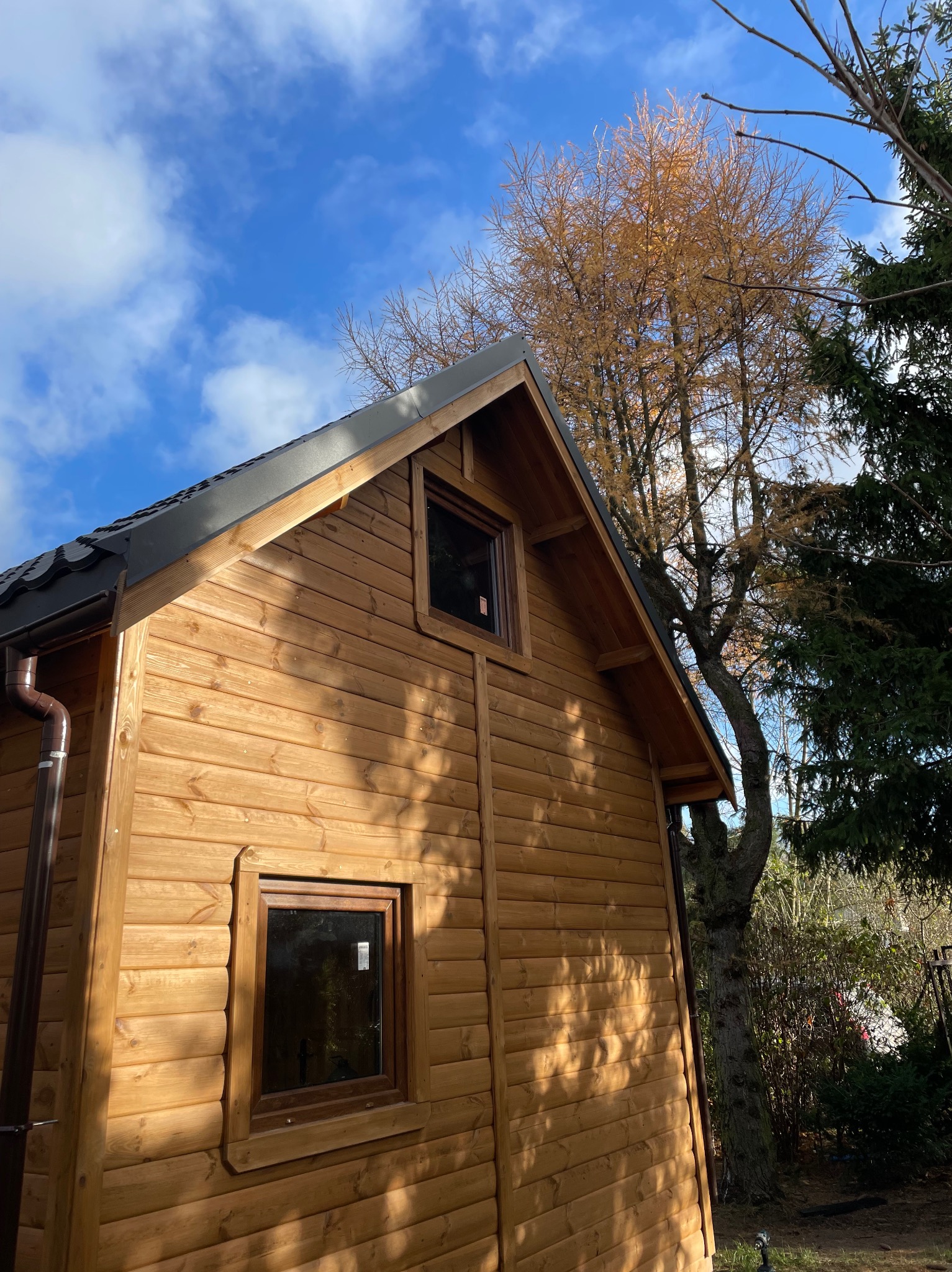 Nowy drewniany domek z ciemną dachówką i brązowymi rynnami, na tle błękitnego nieba i drzew z jesiennymi liśćmi.