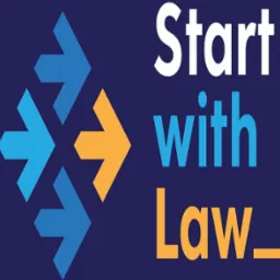 Grafika z trzema strzałkami skierowanymi w prawo, w kolorach niebieskim i pomarańczowym, obok napisu 'Start with Law' na ciemnoniebieskim tle.
