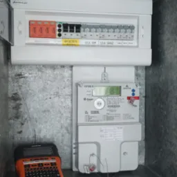 Skrzynka elektryczna z bezpiecznikami i licznikiem energii elektrycznej zamontowana w metalowej wnęce, obok leży etykieciarka Brother P-touch E550W.
