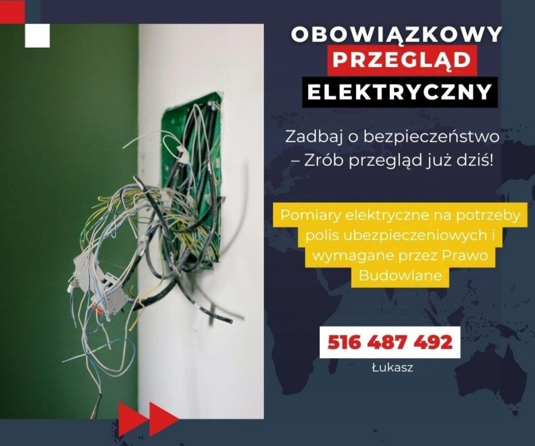 Reklama obowiązkowego przeglądu instalacji elektrycznej: widok na otwartą puszkę z wystającymi przewodami, obok tekst o bezpieczeństwie i numer telefonu.
