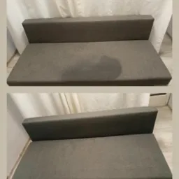 Dwuetapowe ujęcie kanapy przed i po czyszczeniu, widoczna wyraźna różnica w kolorze i usunięcie plamy na siedzisku