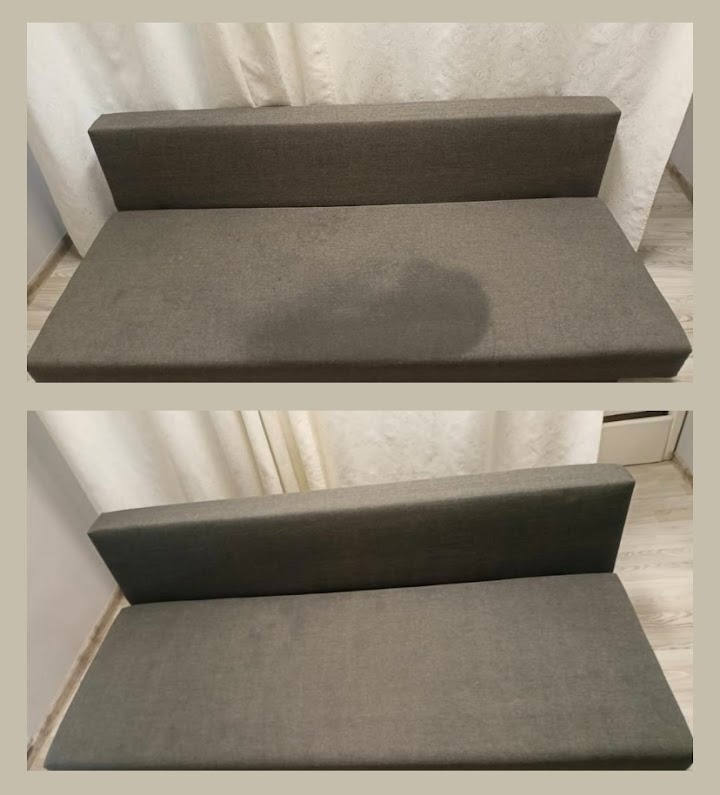 Dwuetapowe ujęcie kanapy przed i po czyszczeniu, widoczna wyraźna różnica w kolorze i usunięcie plamy na siedzisku