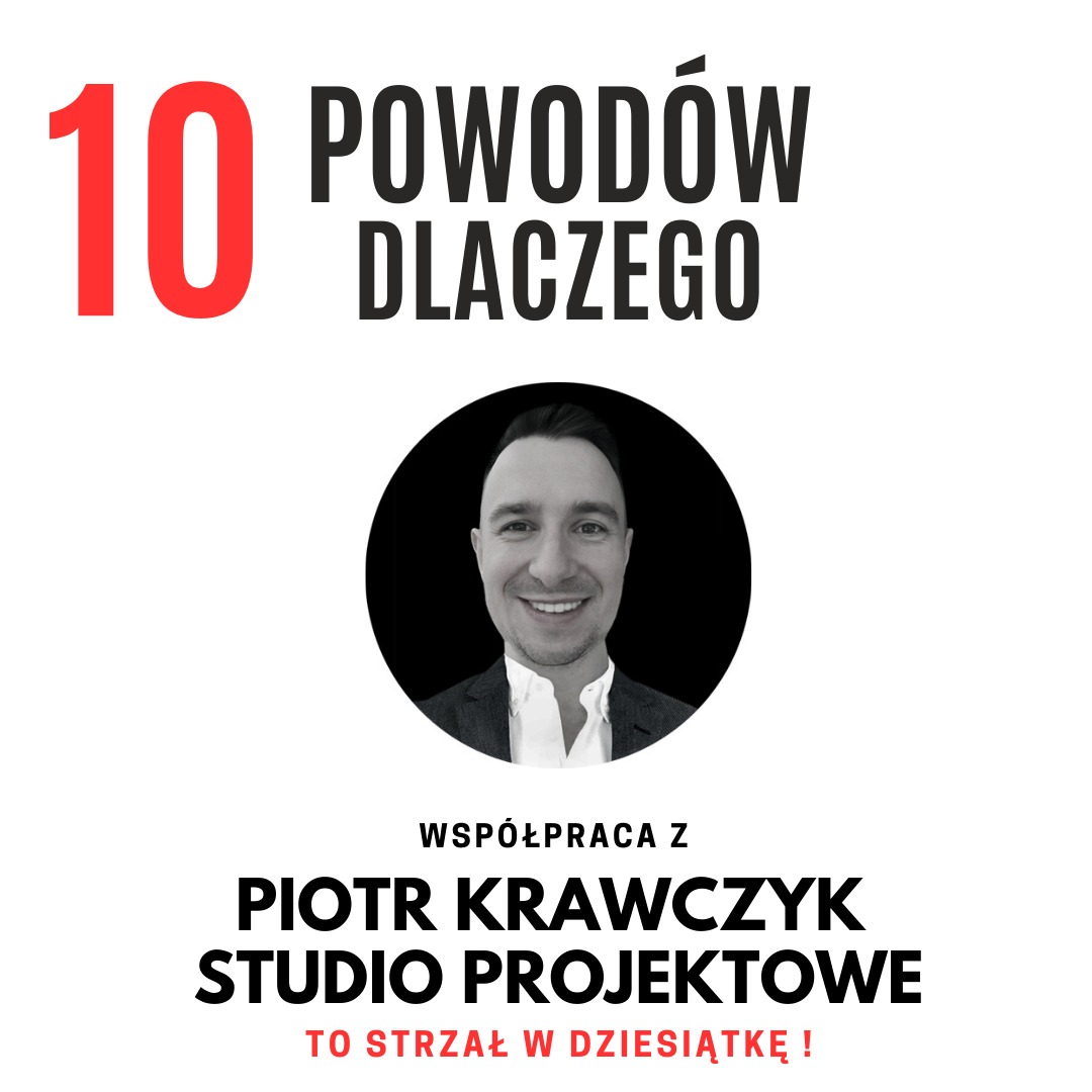 Grafika reklamowa: 10 powodów, dlaczego warto współpracować z Piotrem Krawczykiem, Studio Projektowe. Portret uśmiechniętego mężczyzny w czarnym kółku.