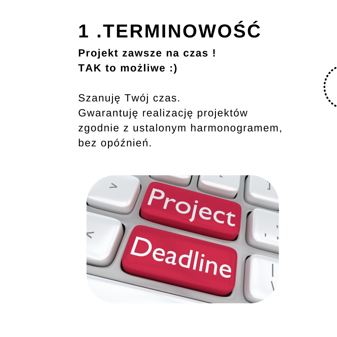 Tekst z nagłówkiem '1. TERMINOWOŚĆ' i obietnicą terminowej realizacji projektów, ilustrowany klawiaturą z czerwonymi przyciskami 'Project' i 'Deadline'.
